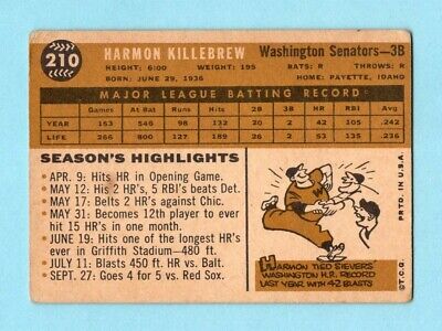 1960 Topps #210 Harmon Killebrew Washington Senators Baseball Card VG cres  