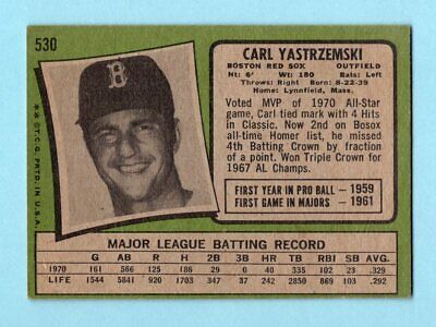 1971 Topps #530 Carl Yastrzemski Boston Red Sox Baseball Card EX - EX+