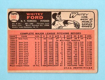 1966 Topps #160 Whitey Ford New York Yankees Baseball Card Vg/Ex wrks bk     