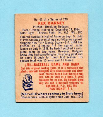 1949 Bowman #61 Rex Barney Brooklyn Dodgers Baseball Card EX+ ap tp str ls  