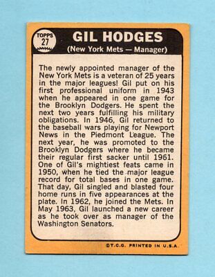 1968 Topps #27 Gil Hodges New York Mets Baseball Card EX