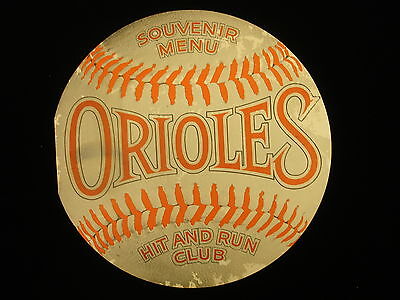 1967 Baltimore Orioles Hit & Run Club Souvenir Menu – 10″