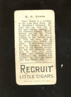 1912 T207 Recruit Brown Background Baseball Card RE Erwin Brooklyn