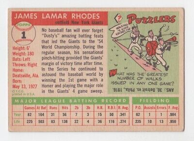 1955 Topps #1 Dusty Rhodes New York Giants Baseball Card Vg/Ex