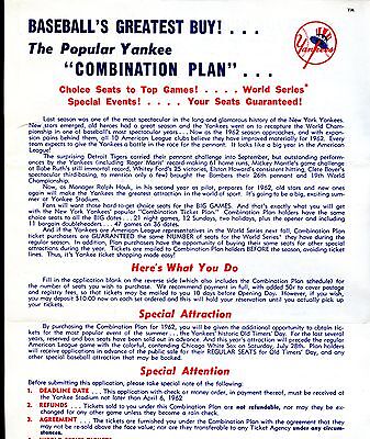 1962 New York Yankees Baseball Combination Ticket Plan Order Form