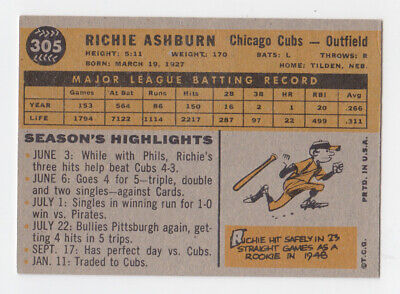 1960 Topps #305 Richie Ashburn Chicago Cubs Baseball Card EX+ o/c ap wrk brc 