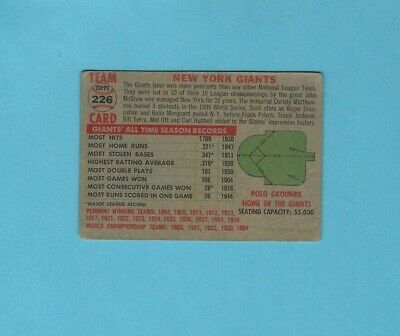 1956 Topps #226 New York Giants Team Baseball Card VG app light wrks