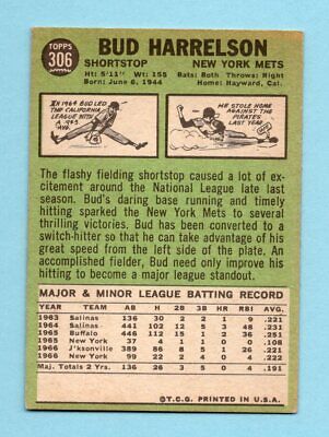 1967 Topps #306 Bud Harrelson New York Mets Rookie Baseball Card EX+ 