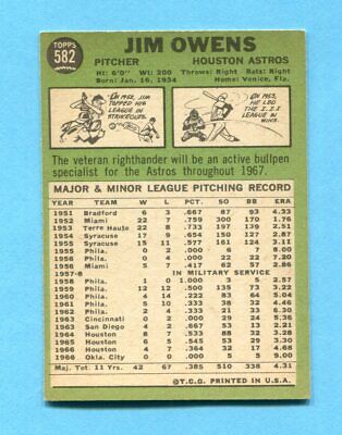 1967 Topps #582 Jim Owens Houston Astros High Number Baseball Card EX+ o/c     