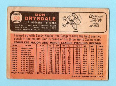 1966 Topps #430 Don Drysdale Los Angeles Dodgers Baseball Card Low Grade 