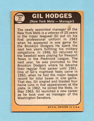 1968 Topps #27 Gil Hodges New York Mets Baseball Card NM 