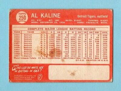 1964 Topps #250 Al Kaline Detroit Tigers Baseball Card VG stains on back