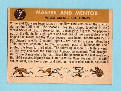 1960 Topps #7 Master & Mentor Willie Mays & Bill Rigney Baseball Card Ex/Mt o/c 