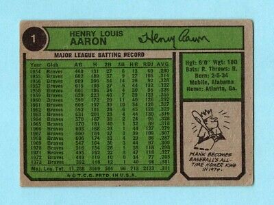 1974 Topps #1 Hank Aaron Atlanta Braves Baseball Card VG+ wrk