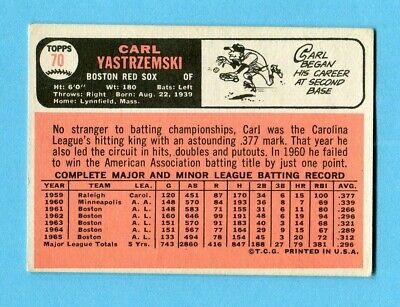 1966 Topps #70 Carl Yastrzemski Boston Red Sox Baseball Card EX ap wrks