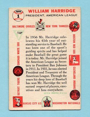 1956 Topps #1 William Harridge President AL Baseball Card V/E wrk.scra