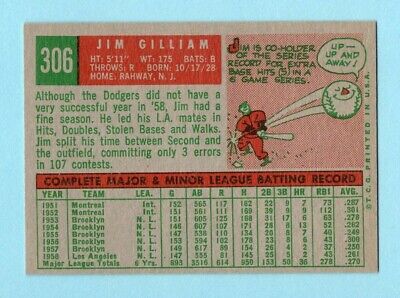 1959 Topps #306 Jim Gilliam Los Angeles Dodgers Baseball Card Ex/Mt o/c