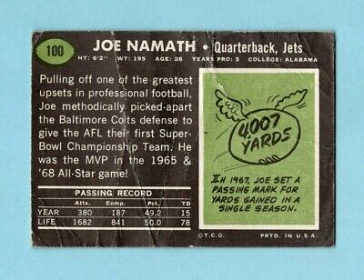 1969 Topps #100 Joe Namath New York Jets Football Card Low Grade   