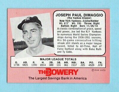 1972 Bowery Bank Joe DiMaggio New York Yankees Baseball Card EX+