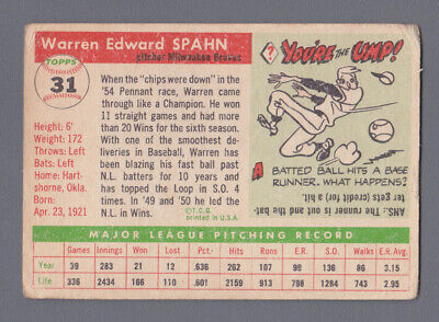 1955 Topps #31 Warren Spahn Milwaukee Braves Baseball Card Low Grade