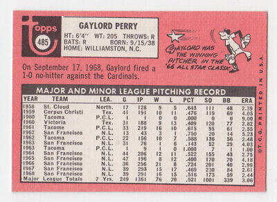 1969 Topps #485 Gaylord Perry San Francisco Giants Baseball Card EX+