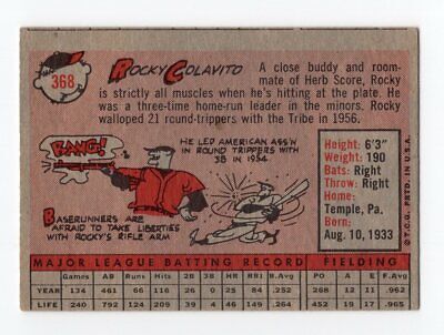 1958 Topps #368 Rocky Colavito Cleveland Indians Baseball Card EX - EX+ o/c