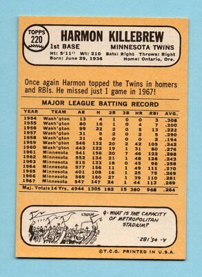 1968 Topps #220 Harmon Killebrew Minnesota Twins Baseball Card Ex/Mt   