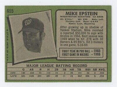 1971 Topps #655 Mike Epstein Washington Senators Baseball Card NM  