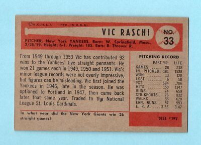 1954 Bowman #33 Vic Raschi NY Yankees traded line variation Baseball Card Ex/Mt 