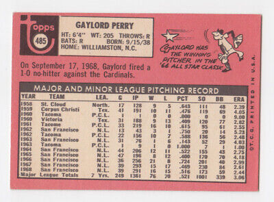 1969 Topps #485 Gaylord Perry San Francisco Giants Baseball Card EX