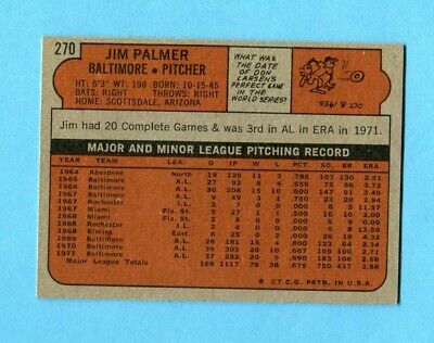 1972 Topps #270 Jim Palmer Baltimore Orioles Baseball Card Ex/Mt    