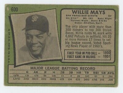 1971 Topps #600 Willie Mays San Francisco Giants Baseball Card Low Grade