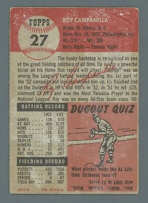 1953 Topps #27 Roy Campanella Brooklyn Dodgers Baseball Card VG+ ap flws/isu bk