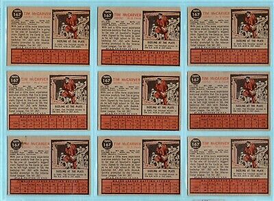 1962 Topps #167 Lot of 9 Tim McCarver Cardinals Rookie Baseball Cards VG - Ex/Mt