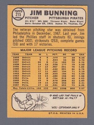 1968 Topps #215 Jim Bunning Pittsburgh Pirates Baseball Card EX+ 