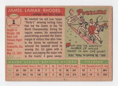 1955 Topps #1 Dusty Rhodes New York Giants Baseball Card EX