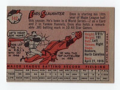 1958 Topps #142 Enos Slaughter New York Yankees Baseball Card EX+ o/c  