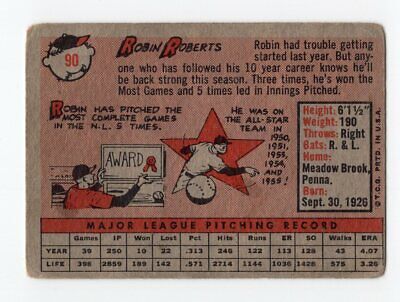 1958 Topps #90 Robin Roberts Philadelphia Phillies Baseball Card Low Grade