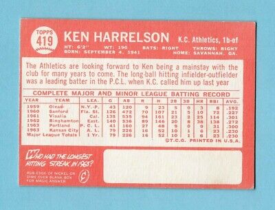 1964 Topps #419 Ken Harrelson KC Athletics Rookie Baseball Card Ex/Mt o/c    