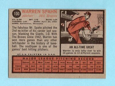 1962 Topps #100 Warren Spahn Milwaukee Braves Baseball Card Ex/Mt o/c ap wrk pmk