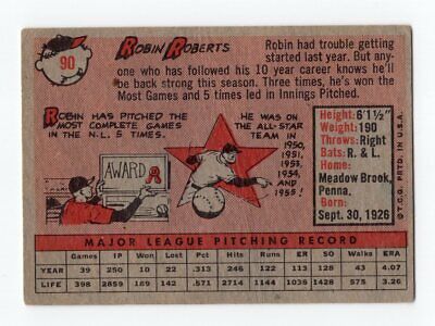 1958 Topps #90 Robin Roberts Philadelphia Phillies Baseball Card Low Grade