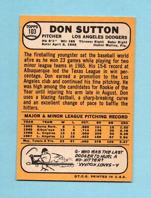 1968 Topps #103 Don Sutton Los Angeles Dodgers Baseball Card NM