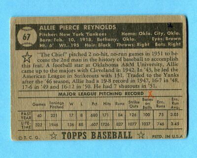 1952 Topps #67 Allie Reynolds New York Yankees Baseball Card G/VG rmk