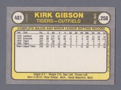 1981 Fleer #481 Kirk Gibson Detroit Tigers Rookie Baseball Card NM o/c