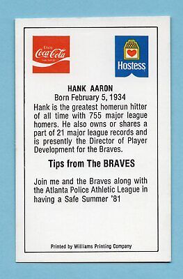 1981 Atlanta Braves Police Hank Aaron Baseball Card NM