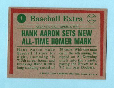 1975 Topps #1 Hank Aaron '74 Highlights Atlanta Braves Baseball Card EX+  