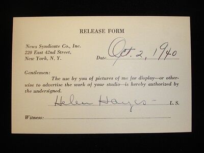 Helen Hayes Autographed 1940 Press Release Form