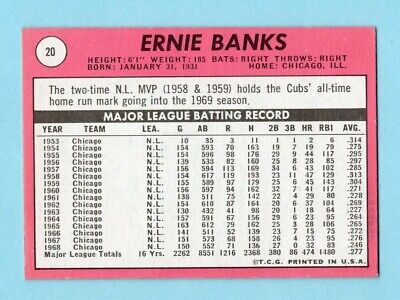 1969 Topps #20 Ernie Banks Chicago Cubs Baseball Card NM o/c lgt stas