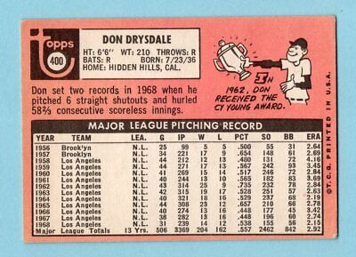 1969 Topps #400 Don Drysdale Los Angeles Dodgers Baseball Card Vg/Ex scr   