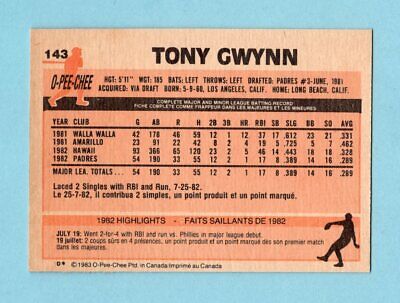 1983 O-Pee-Chee #143 Tony Gwynn San Diego Padres Rookie Baseball Card NM